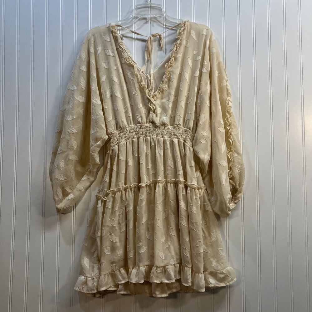 Peach Love California Cream Embroidered Leaf Smocked Tiered Mini Dress L Peasant - Picture 2 of 11